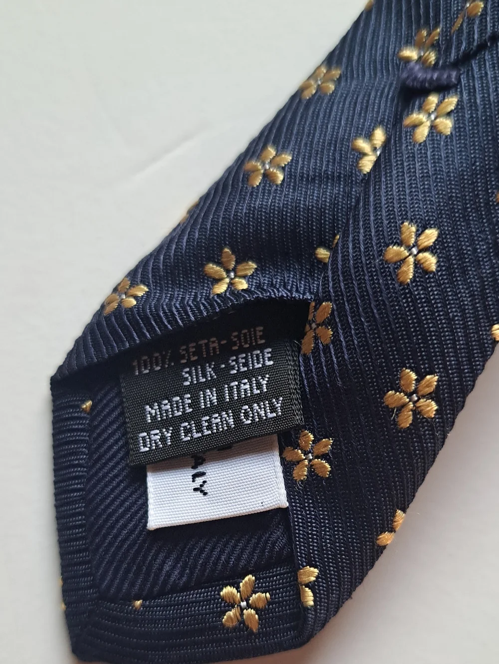 Barneys New York Navy Tie with Gold Floral Dots